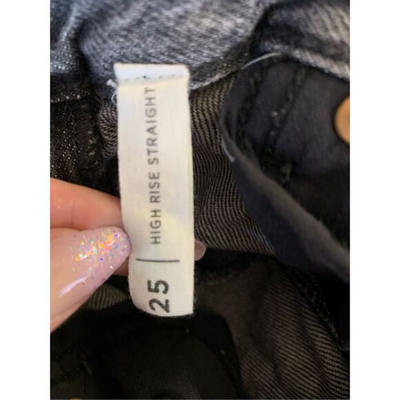 PacSun Black High Rise Jeans 25 Button Fly Straight Leg Raw Hem Grunge Y2K Denim - Picture 7 of 16